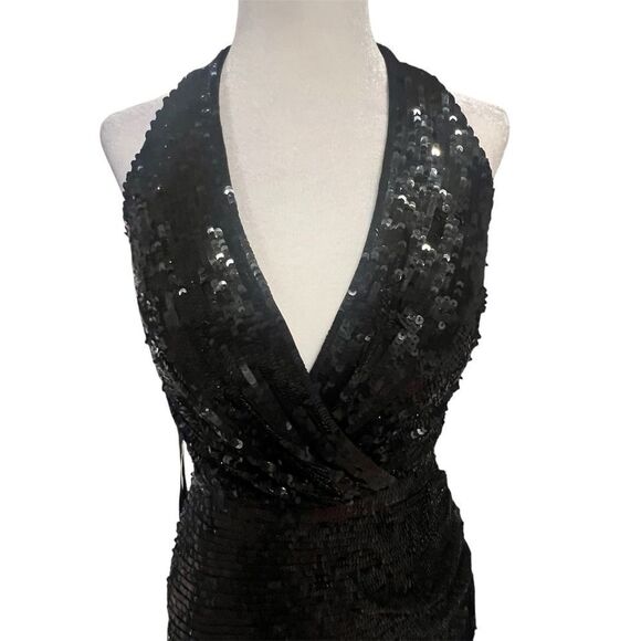 NWT Mac Duggal black sequin midi Halter dress women's size 2 with side ruching - Picture 4 of 14